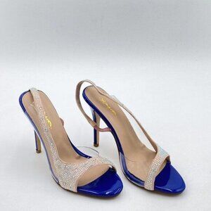 XYD Blue Rhinestones Open Toe Slingback High Heel Single Strap Clear Sandals
